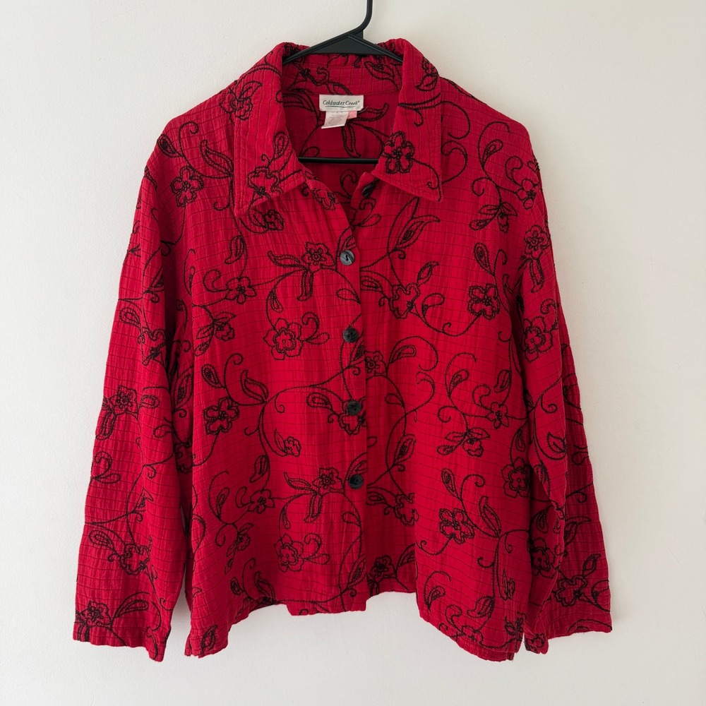 Coldwater Creek Silk Cotton Red Quilted Floral Embroidered Jacket Shirt XL Boho